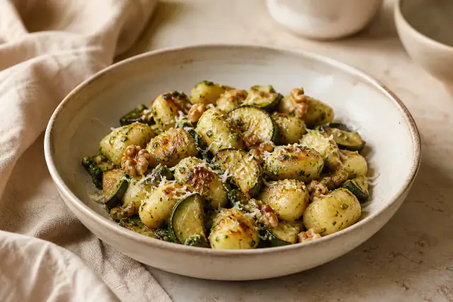 Gnocchi dorés aux courgettes avec pesto de basilic, parmesan et noix