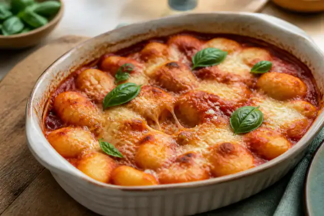 Gnocchi à la tomate gratinés avec mozzarella filante, parmesan doré et basilic