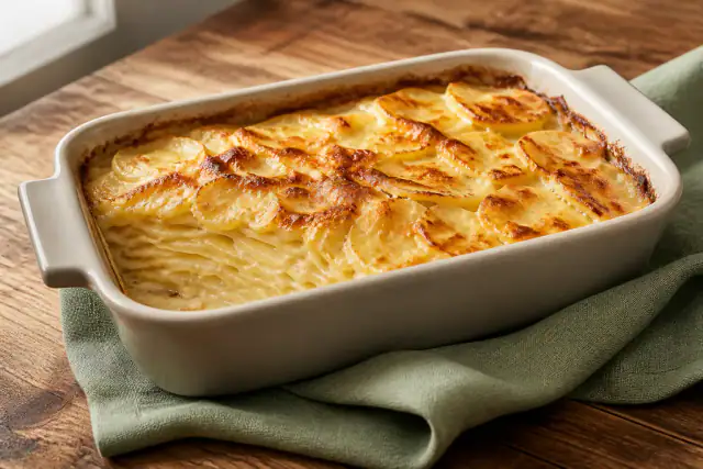 Gratin dauphinois traditionnel doré avec fines couches de pommes de terre crémeuses