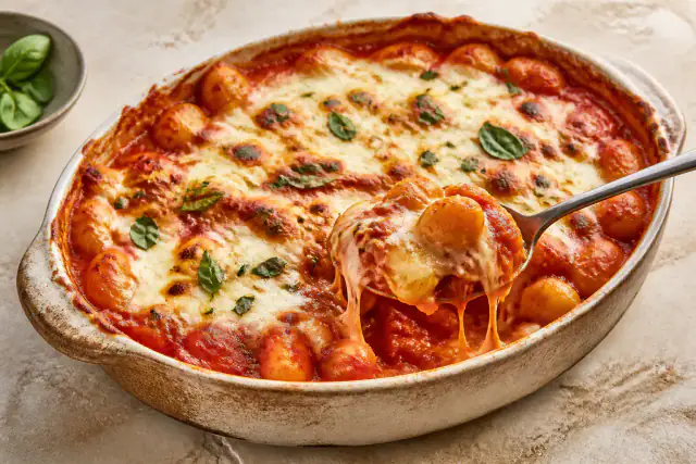 Gratin de gnocchis à la sauce tomate avec mozzarella fondue et basilic