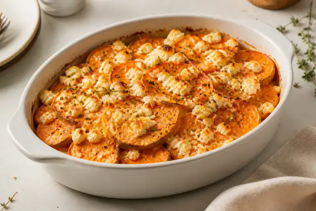 Gratin de patate douce à la feta avec rondelles fondantes et dessus doré