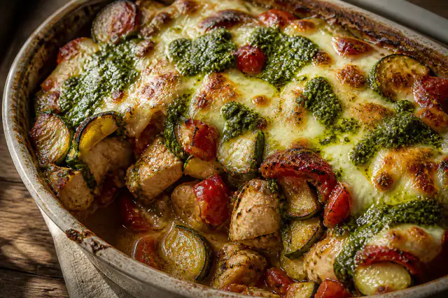 Gratin de poulet au pesto avec courgettes, tomates et mozzarella dorée