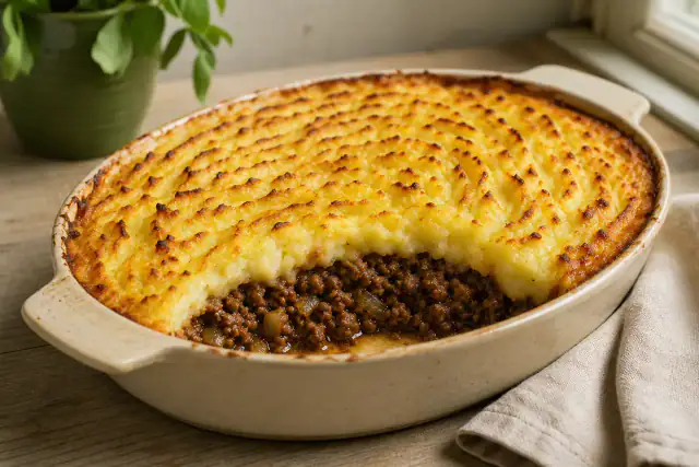 Hachis parmentier de bœuf doré dans un plat familial avec une part servie