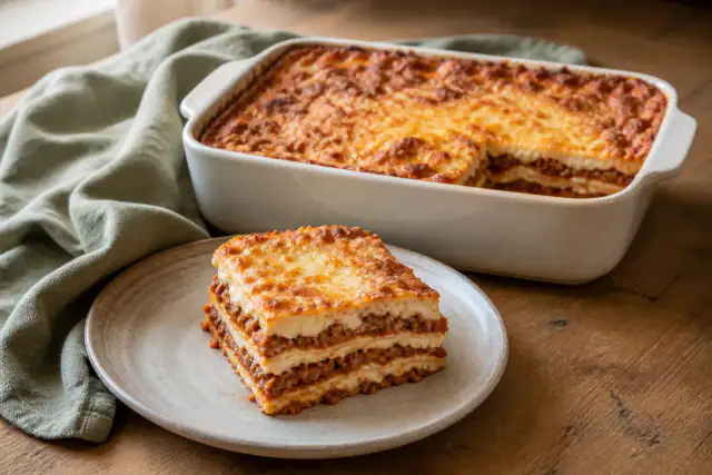 Part de lasagnes bolognaise maison avec couches de pâtes, bœuf, béchamel et parmesan doré
