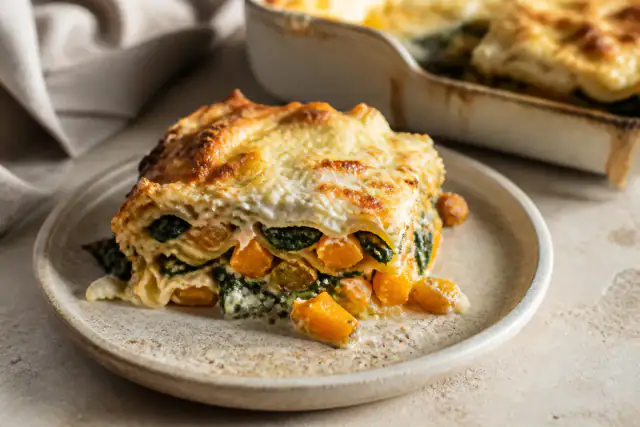 Part de lasagnes végétariennes en couches de butternut, épinards et béchamel dorée