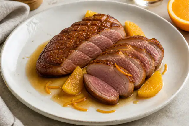 Magret de canard rosé tranché avec peau croustillante et sauce brillante à l’orange
