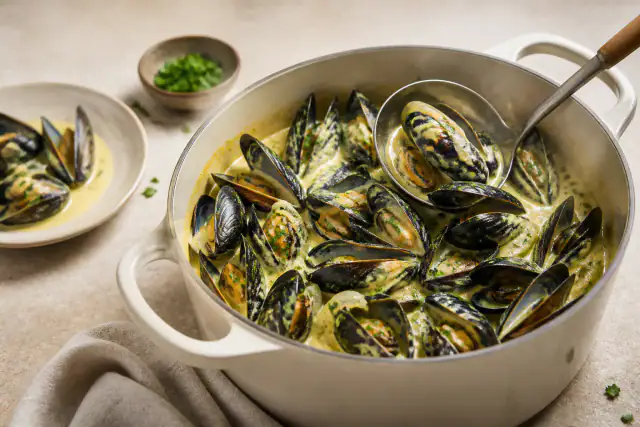 Mouclade charentaise avec moules ouvertes dans une sauce jaune au curry et à la crème