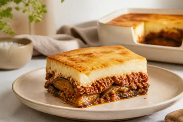 Part de moussaka aux aubergines, bœuf, tomate et béchamel dorée