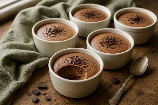 Mousse au chocolat noir aérienne en ramequins avec copeaux de chocolat