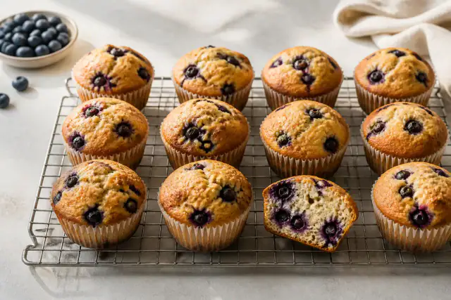 Muffins aux myrtilles dorés avec fruits visibles et mie moelleuse
