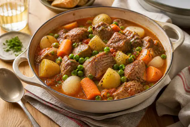 Navarin d’agneau avec morceaux fondants, pommes de terre, carottes, navets et petits pois