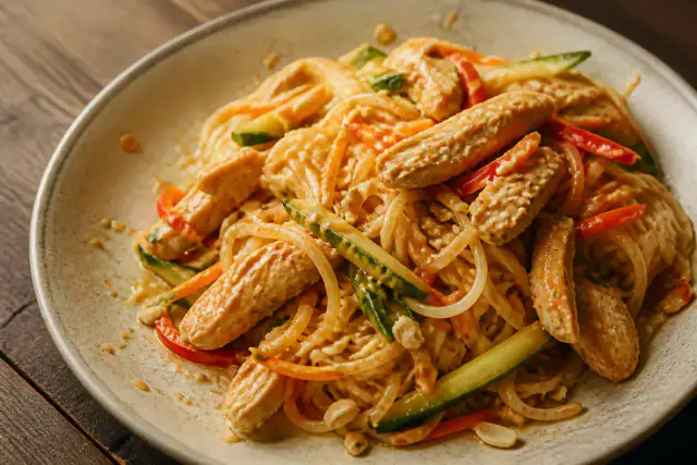 Nouilles de riz au poulet et légumes nappées de sauce cacahuète