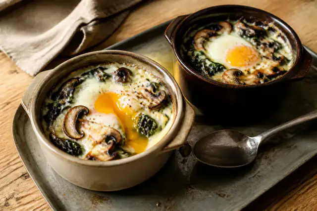 Œufs cocotte au jaune coulant avec champignons, épinards et Comté