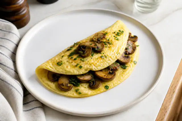 Omelette pliée aux champignons dorés et au persil dans une assiette