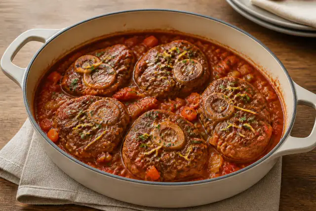 Osso buco de veau à la milanaise avec sauce tomate, carottes, citron et persil