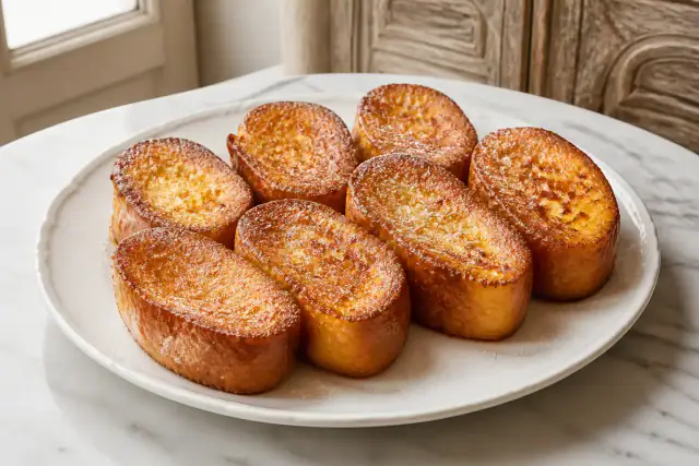 Tranches de pain perdu à la brioche dorées avec sucre et fruits frais