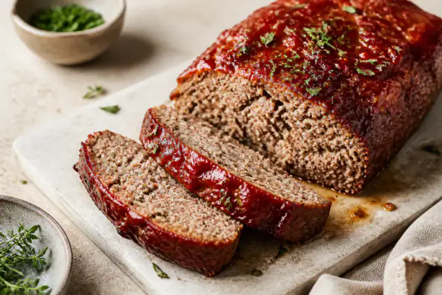Pain de viande tranché avec glaçage ketchup rouge et brillant