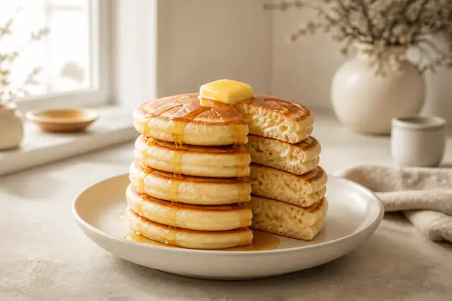 Pile de pancakes américains moelleux dorés avec beurre et filet de sirop d’érable