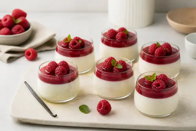 Panna cotta à la vanille en verrines avec coulis de framboise rouge