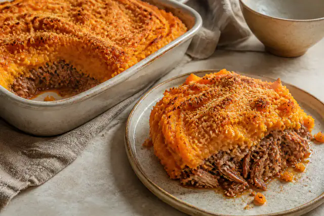 Parmentier de canard en couches avec purée de patate douce dorée