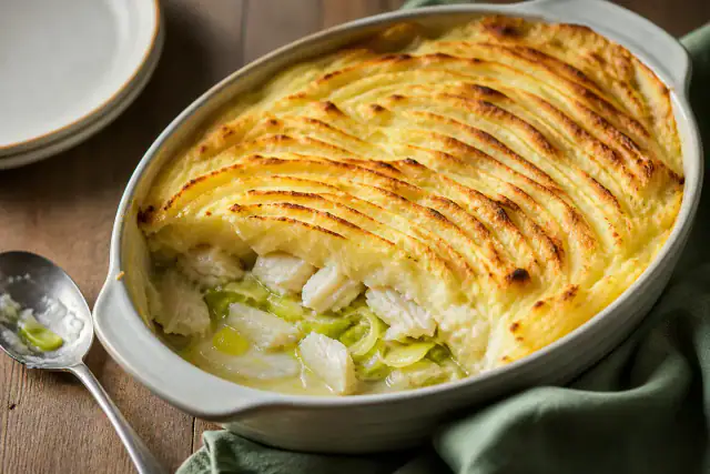Parmentier de poisson et poireaux gratiné avec une cuillère de service
