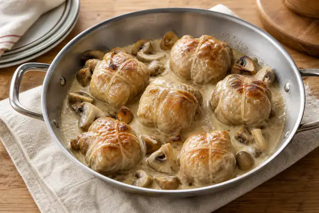 Paupiettes de veau aux champignons couvertes d’une sauce crémeuse dans une sauteuse