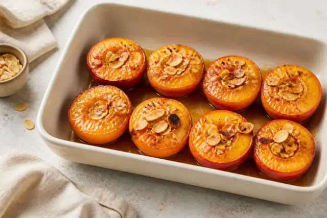 Demi-pêches rôties au miel et à la cannelle avec amandes grillées