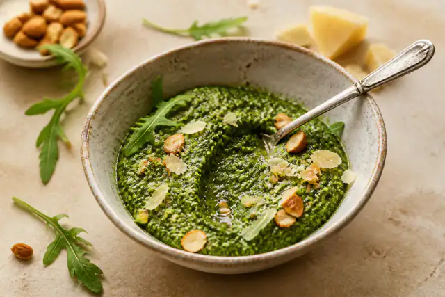 Pesto vert de roquette, Parmesan et amandes dans un bol avec cuillère