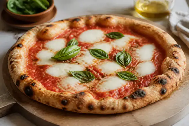 Pizza Margherita maison avec bord aéré, tomate, mozzarella fondue et basilic frais