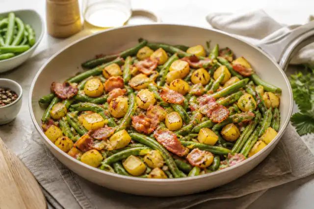 Poêlée de haricots verts avec pommes de terre dorées, lardons et oignon