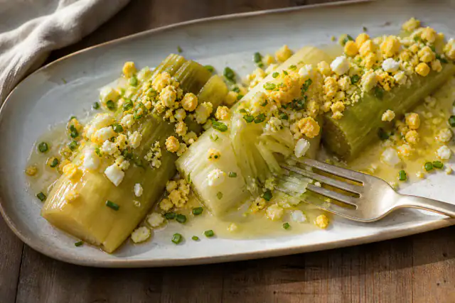 Poireaux vinaigrette dressés avec œufs mimosa et ciboulette