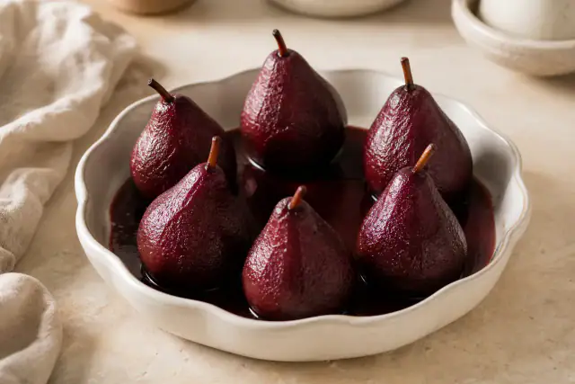 Poires pochées rouges au vin et à la cannelle servies dans une assiette