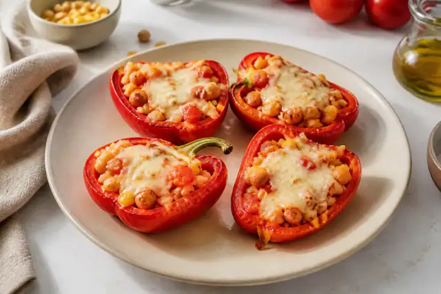 Poivrons rouges farcis au riz, pois chiches, maïs, tomate et mozzarella