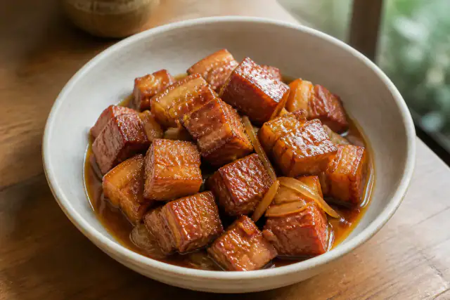 Porc au caramel vietnamien brillant avec oignon et gingembre dans un bol