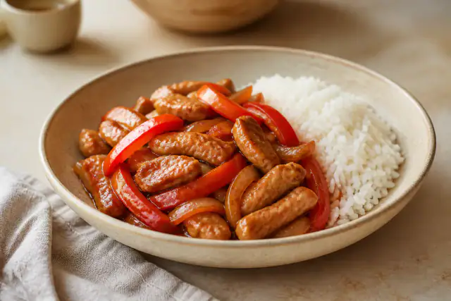 Porc sauté aux poivrons rouges avec gingembre et sauce soja servi avec du riz