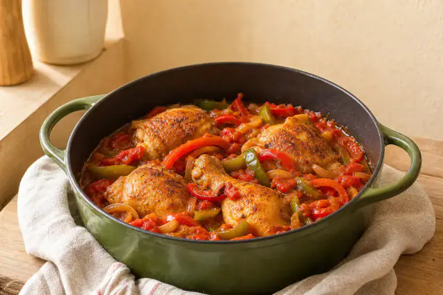 Poulet basquaise avec poivrons rouges et verts dans une cocotte claire