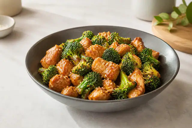 Poulet sauté au brocoli dans une sauce soja brillante avec graines de sésame