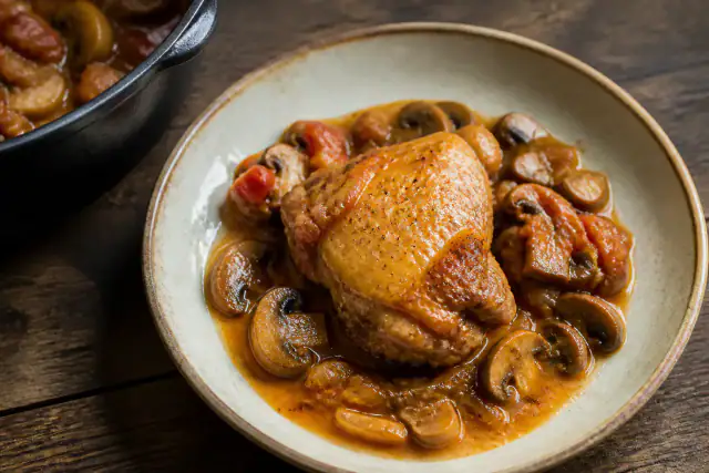 Cuisses de poulet chasseur dorées avec champignons dans une sauce tomate au vin blanc