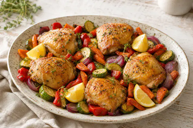 Poulet rôti au citron avec courgettes, carottes, poivrons et oignons rouges