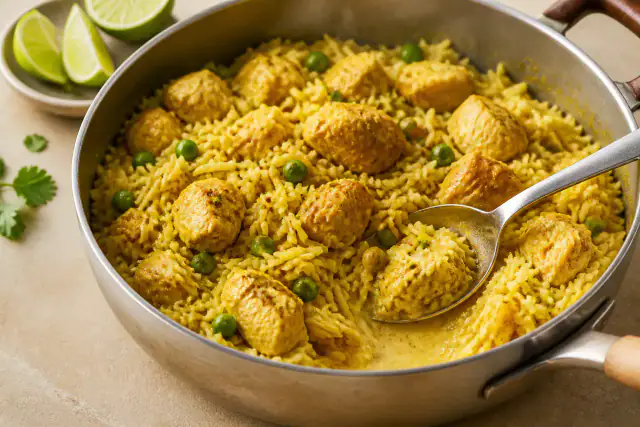 Poulet au curry avec riz basmati jaune et petits pois dans une sauteuse
