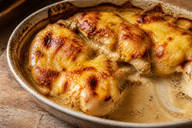 Poulet Gaston Gérard gratiné au Comté dans une sauce crémeuse à la moutarde