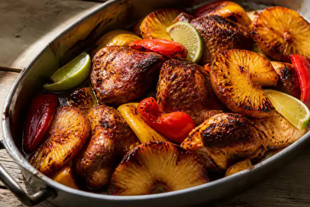Poulet jerk rôti avec morceaux d’ananas caramélisés et poivrons colorés