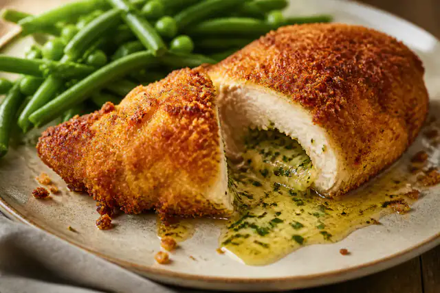 Poulet à la Kiev pané et doré avec cœur coulant au beurre d’ail et persil