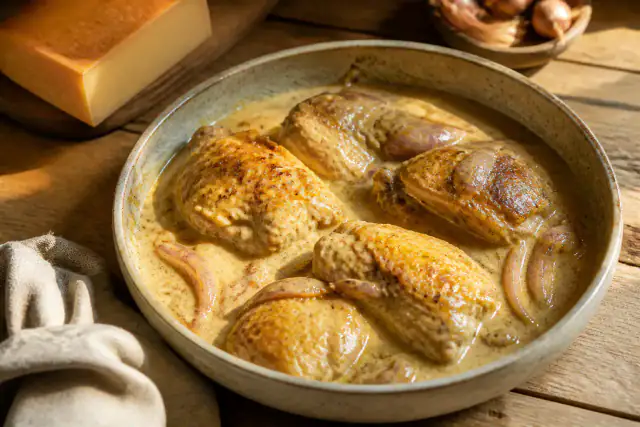 Poulet doré nappé d’une sauce crémeuse au Maroilles avec échalotes
