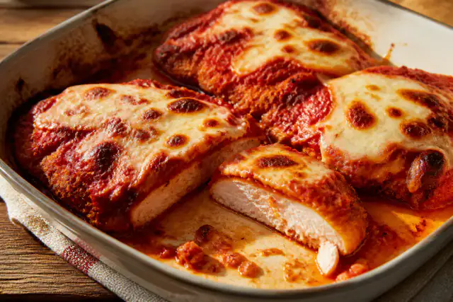Escalopes de poulet parmigiana gratinées à la mozzarella dans une sauce tomate