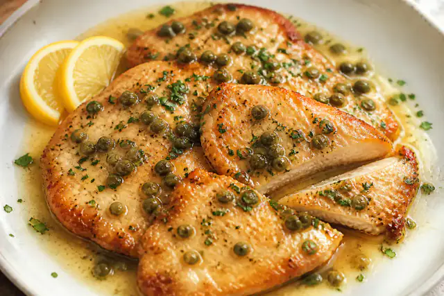 Escalopes de poulet piccata nappées de sauce citronnée aux câpres et persil