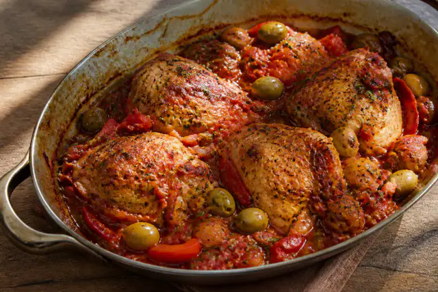 Poulet provençal mijoté avec tomates, poivrons rouges et olives vertes