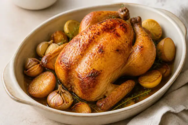 Poulet rôti au four à la peau croustillante entouré de pommes de terre dorées, ail et citron