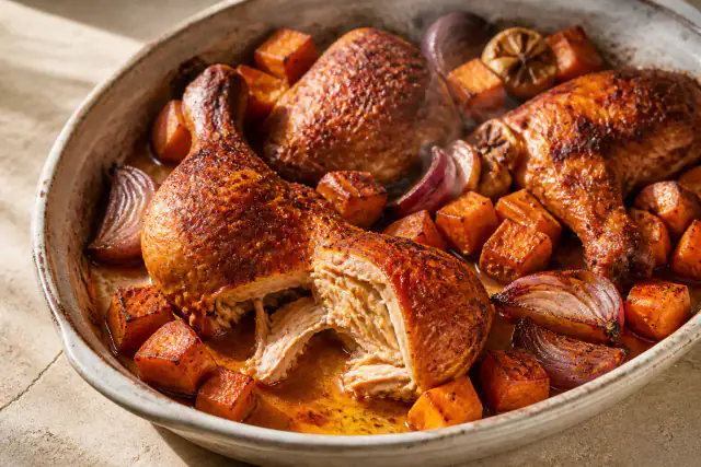 Cuisses de poulet rôties au paprika fumé avec cubes de patate douce et oignon rouge