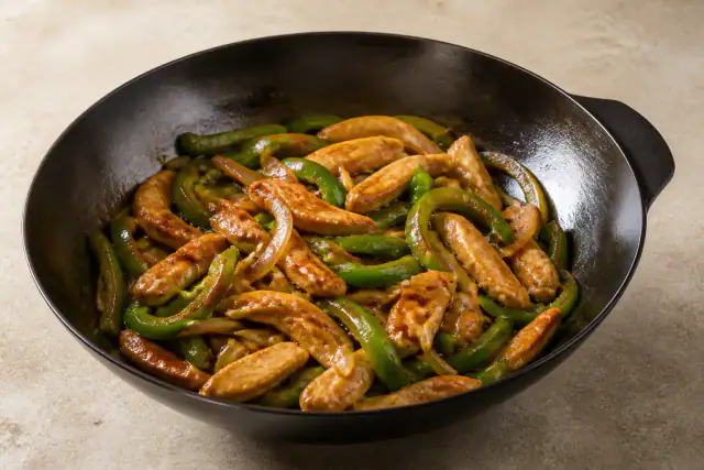 Poulet sauté doré avec lamelles de poivron vert et gingembre dans un wok
